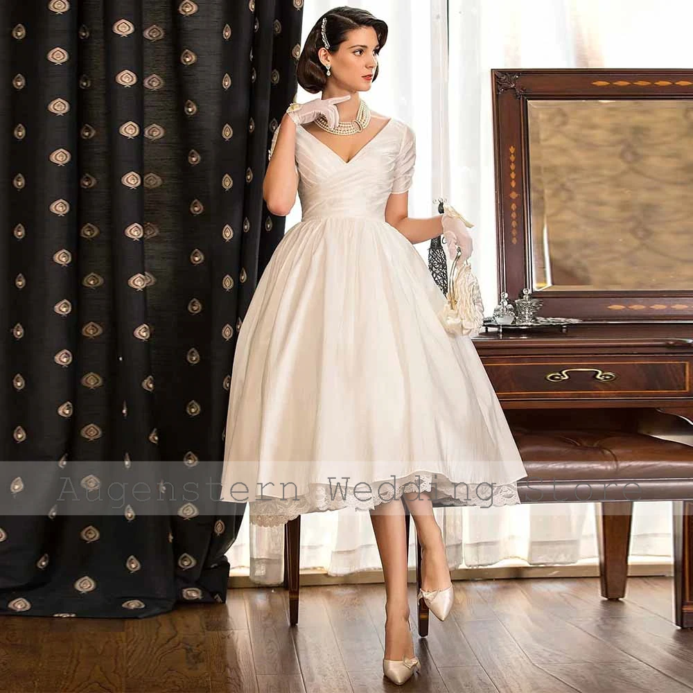 Customized Wedding Party Dresses Satin A-line Bridal Gown Ivory V-neck Pleat Ruched Lace Fairy Garden Wedding Dress Midi