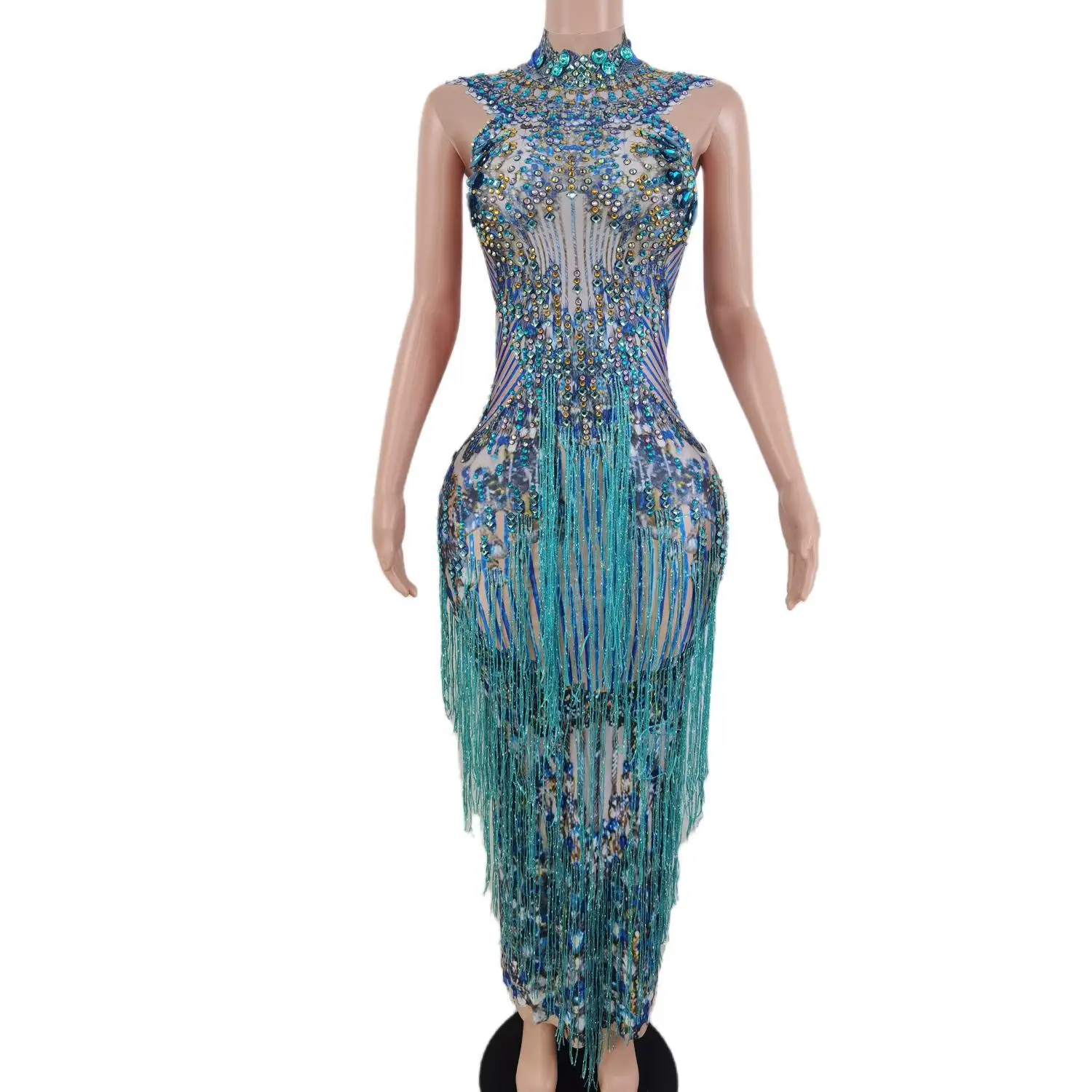 

Blue Fringes Dresses Women Singer Performance Tassels Dresses Party Celebrate Glisten Rhinestones Costume Sleeveless Long Dress