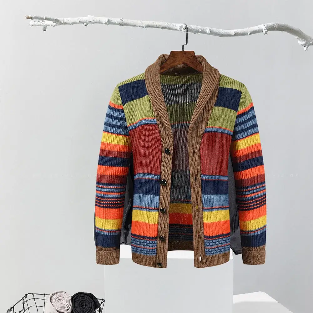 Cozy Men Jacket Stylish Men's Knitted Color Matching Striped Cardigan Fall Winter Sweater Coat with Casual Buttons Lapel Loose