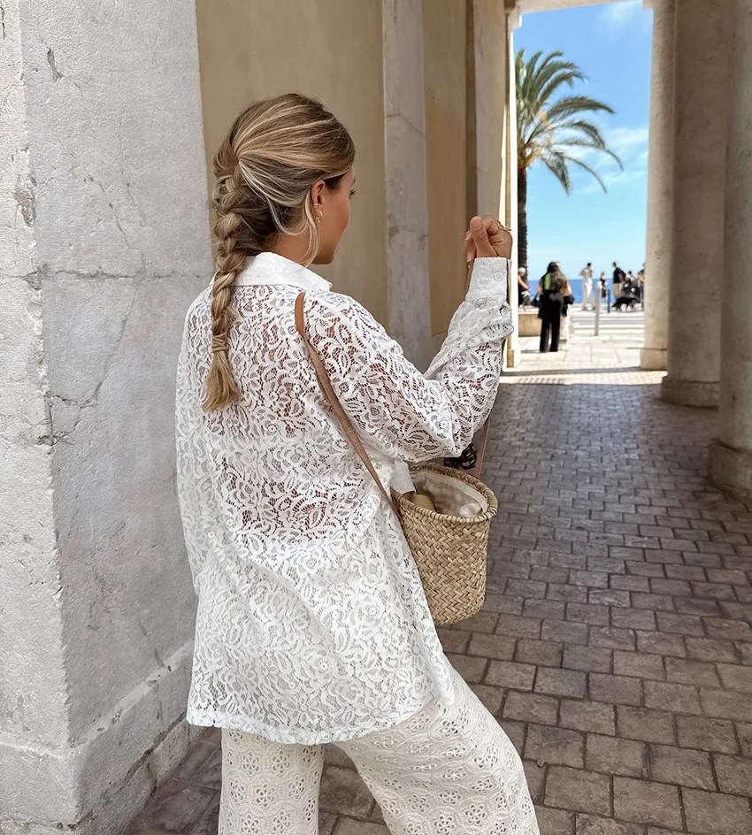 Hollow Out Printed Loose Shirts For Women Fashion Patchwork Lace See-Through Summer Top Long Sleeve Female Casual Blouse