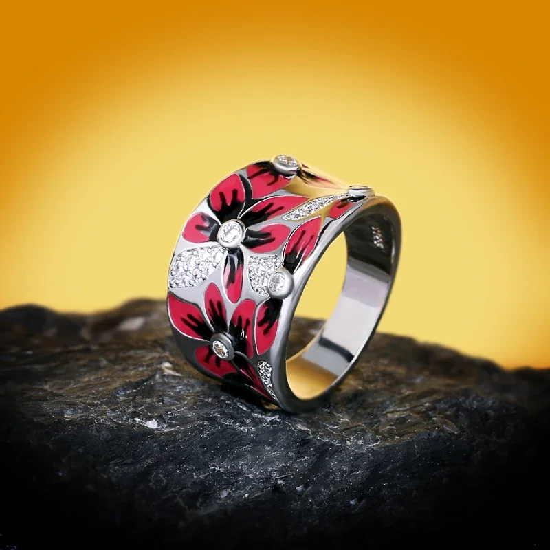 Red Flower Women's Handmade Enamel Ring Wedding Bridal Ring Party Jewelry wedding rings,rose flower ring