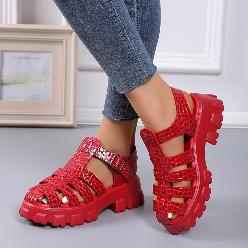 

Fashion Gladiator Women Narrow Band Cross-tied Platform Square Heel Peep Toe Rome Design Sexy Mature Shoes Ladies Platform Shoes