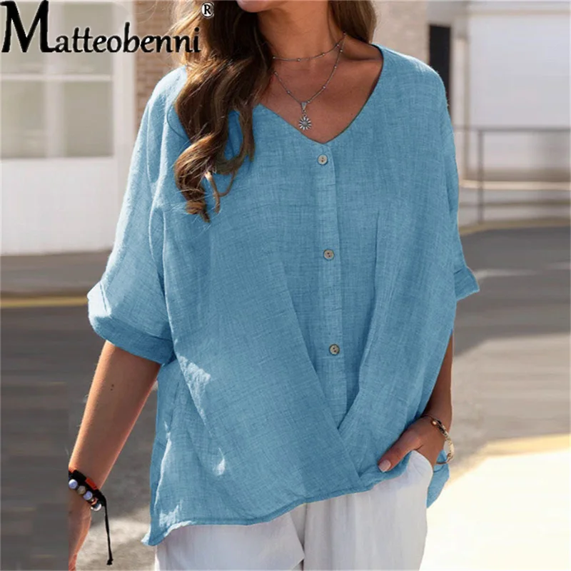 2022 Casual Half Sleeve Solid Color Loose Shirts Women Oversized Cotton and Linen Blouses and Tops Vintage Streetwear Tunic Tees t shirts tees happy fall y all leopard pumpkin t shirt tee in multicolor size l m s