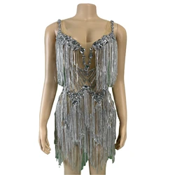 Stunning Silver Celebrate Birthday Queen Women Rhinestone Dress Nightclub DJ DS GoGo Stage Wear Singer Mesh Transparent Costume