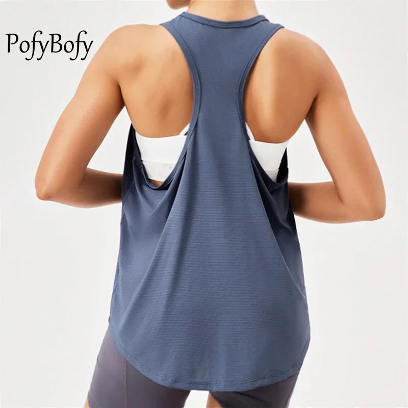 Racerback Crew Neck Loose Quick Drying Elastic Sleeveless Shirts Fitness Running Yoga Gym Tank Tops Sportwear For Women PofyBofy