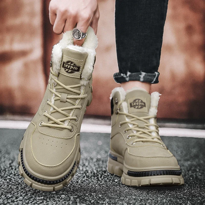 

Ankle Boots Men Snow Boots Winter Warm Lace-up Men Shoes 2022 New Fashion Flock Plush Winter Boots Men Shoe Plus Size