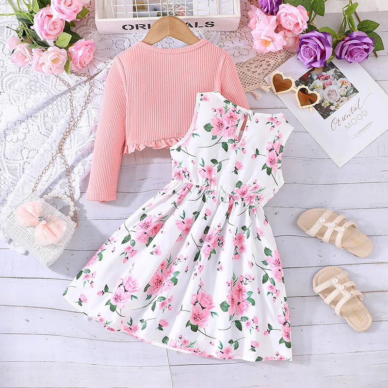 2-8y süßes Mädchen Kleid Set Blumen druck Rundhals ausschnitt A-Linie Tank Kleid gekräuselte gerippte Strickjacke Kinder-Sets – Detail 4