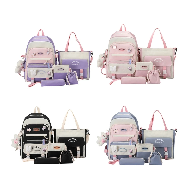 

Girls School Bag Set Lightweight Bookbag for Middle High School Students Women Travel Backpack Bear Pendant