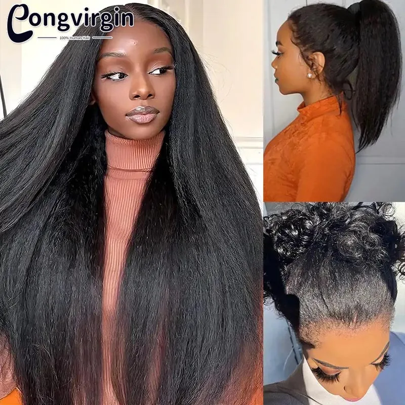 Kinky Straight Human Hair Wig 360 Full HD Lace Frontal Wigs 250% Yaki Straight Human Hair Wig 30 38 Inches High Ponytail