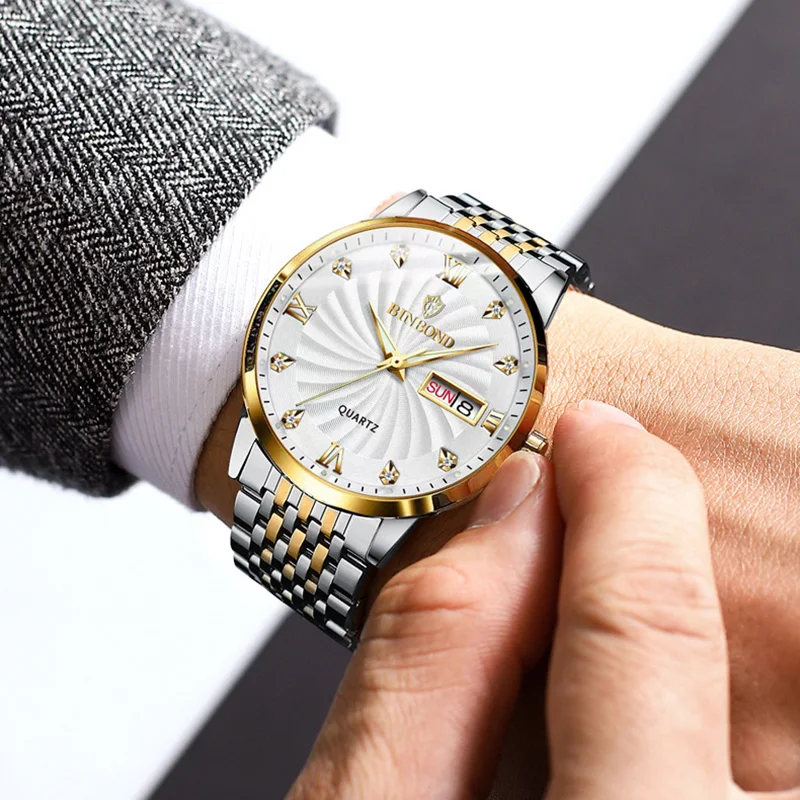2023 New Casual Business Watch Men Luxury Gold Stainless Steel Waterproof Luminous Auto Week Date Wristwatches Relogio Masculino