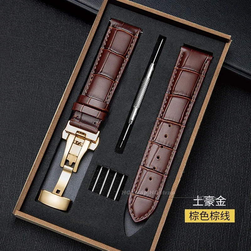 Premium Leather Watchband with Metal Butterfly Clasp - Unisex Strap with Gift Box
