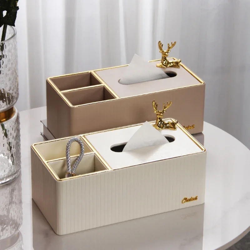 

Luxury Leather Tissue Box with Remote Control Storage Gold-Trimmed Desk Organizer for Living Room Multi-functional Key Holder