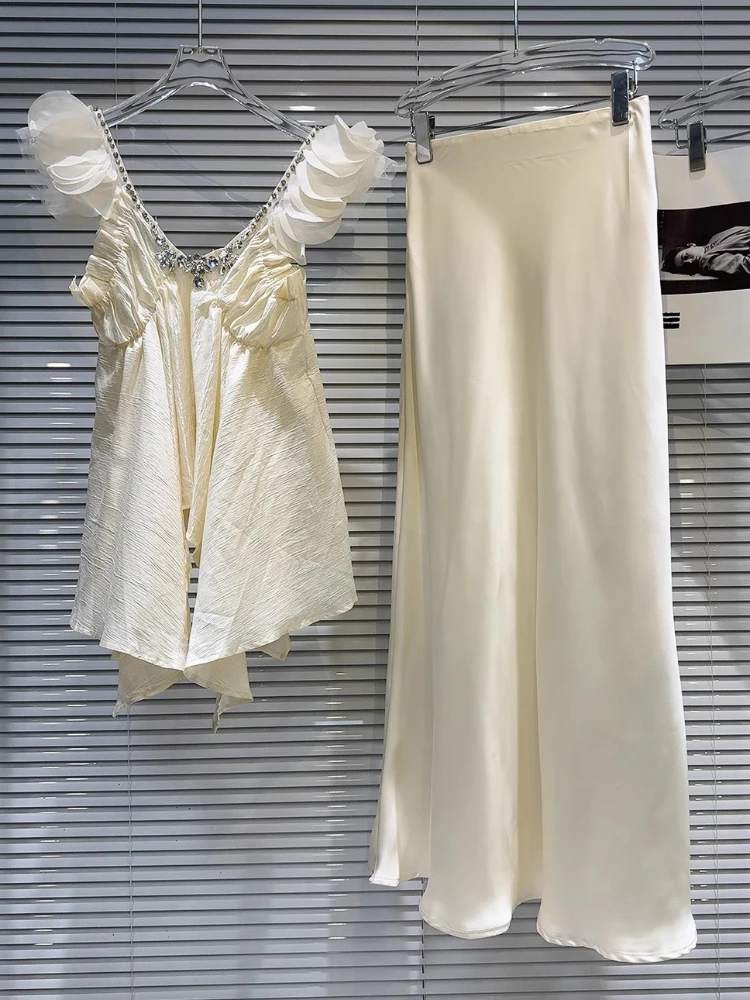

Summer French Silk Satin Suit Women New Small Fragrance Water Diamond Collar Ruffled Edge Elastic Chiffon Sling+Skirt Sweet Suit
