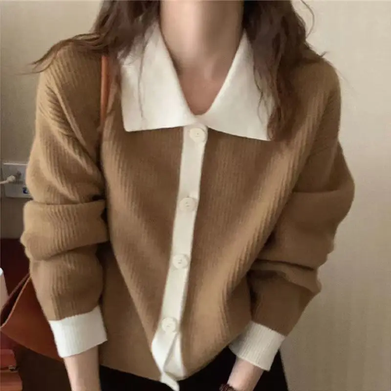 

Spring and Autumn New Fashion Retro Knit Cardigan Women's Short Long Sleeve Lazy Wind Loose Polo Collar Sweater Jacket Casual