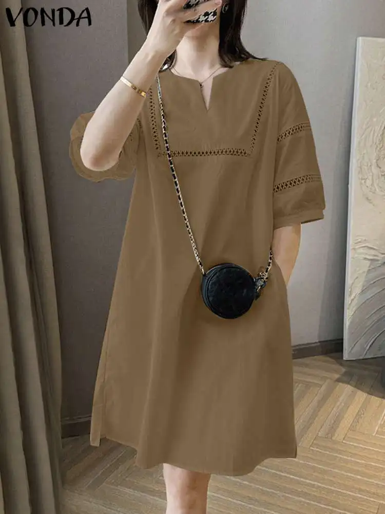 

VONDA летнее женское сексуальное мини-платье 2023 модное повседневное свободное однотонное винтажное Элегантное короткое платье с коротким рукавом
