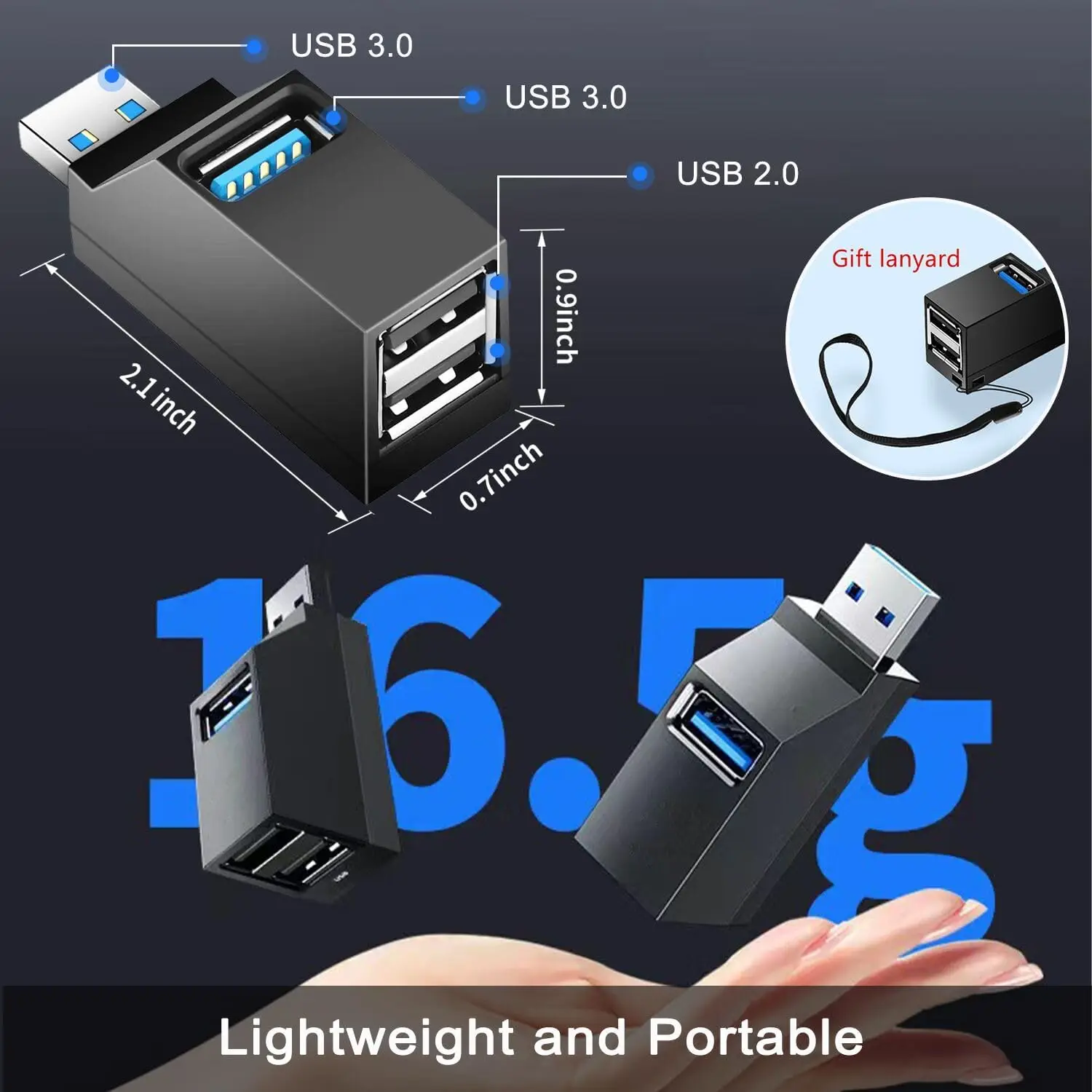 USB 3.0 Hub Adapter Extender Mini Splitter 1 to 3 Ports High Speed USB 2.0 for PC Laptop U Card Reader with2.0 Type-