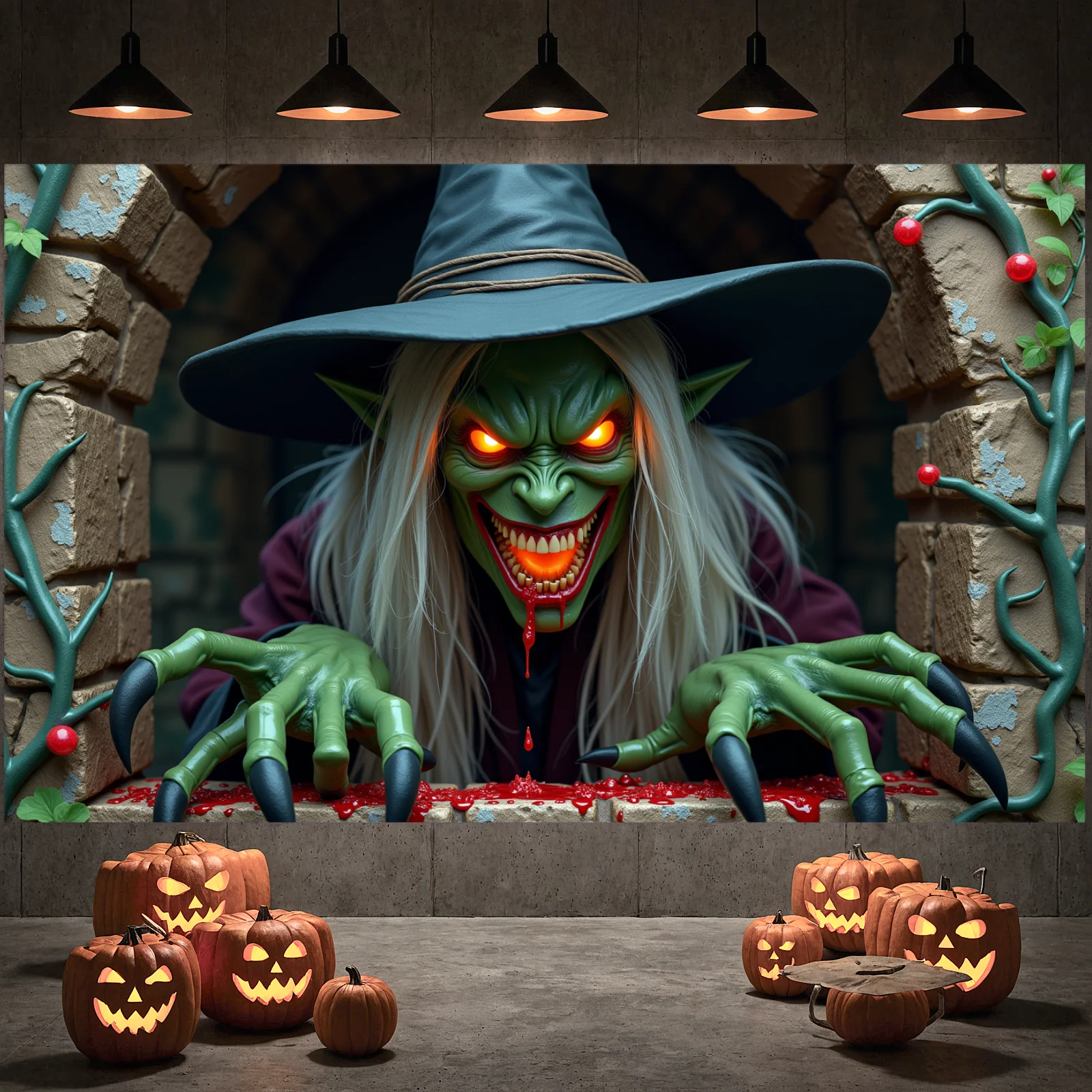Halloween-Türdekorationen, Horror, Mond, Nacht, toter Baum, gruseliger Friedhof, Kürbisse, Türabdeckung, Banner, Halloween, Haustür, Veranda, Rückseite