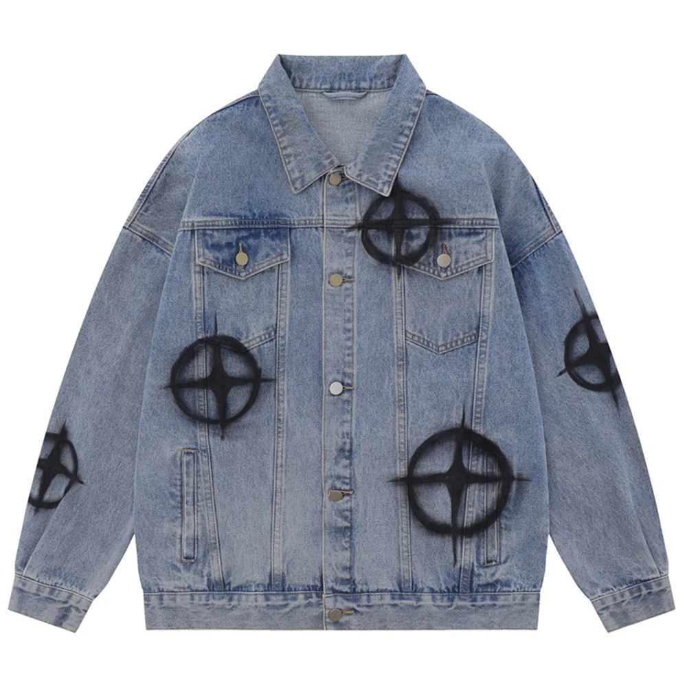 

Printed Streetwear Men's Jean Jackets K2Y Autumn Turn-down Collar Denim Material Jackets for Man Outerwear Clothes Blue White