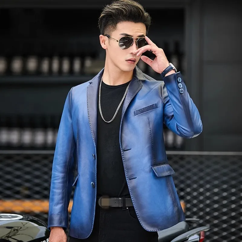 Description Picture 6 of itemDesign Mens Genuine Leather Suit Jacket Slim Fit Turn-Down Collar Single Breasted Spring Real Sheepskin Motorcycle Short Coat