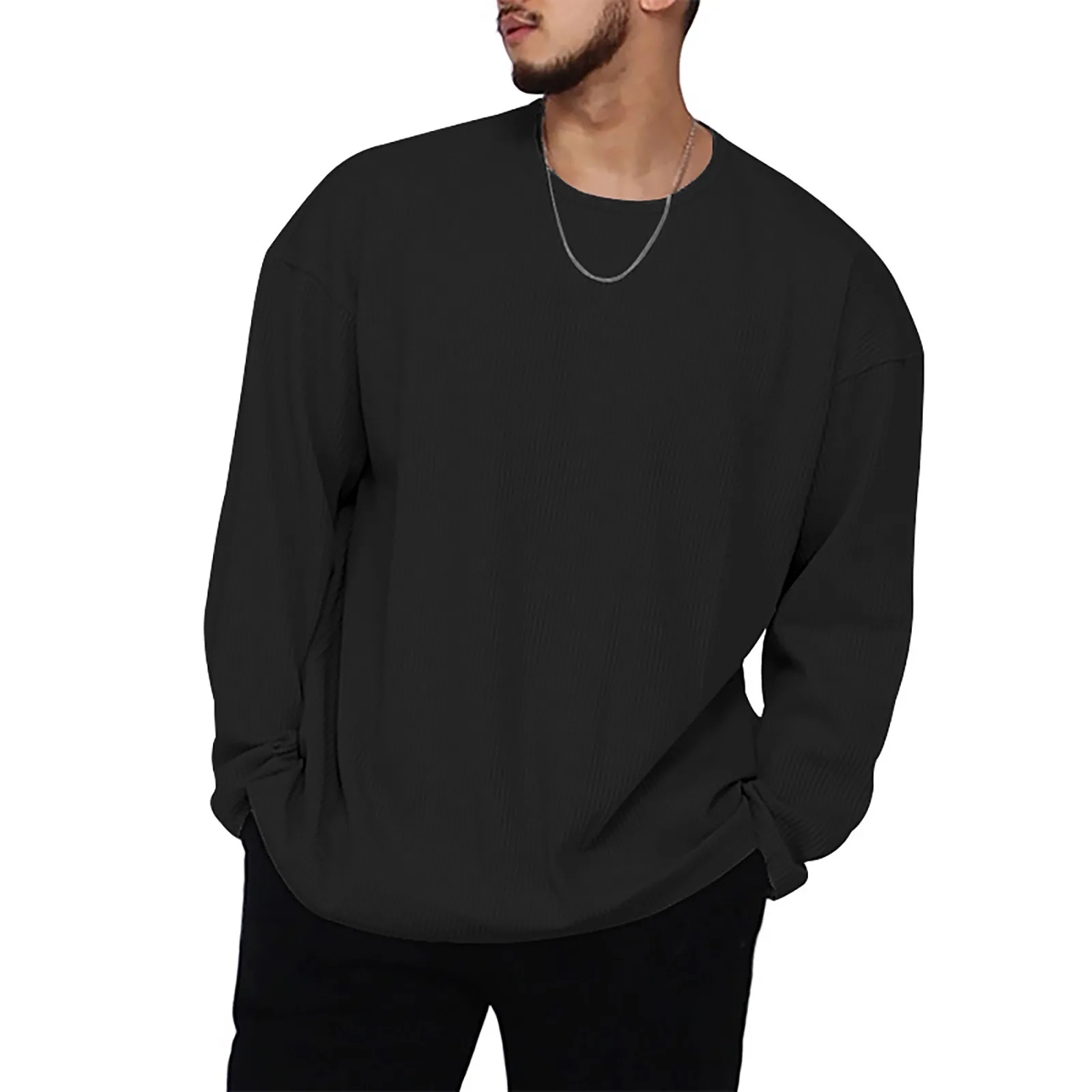 

Men's Spring And Autumn No Hat Strip Sweater Long Sleeve Pullover Sleeve Solid Color Casual Jacket daily Casual Breathable