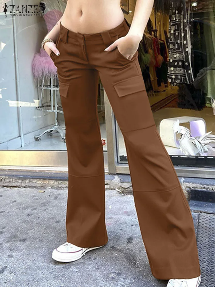 

Fashion Low-waisted Long Pant ZANZEA Women Cargo Pants Pockets Pantalon Vintage 2023 Autumn Casual Wide Leg Trousers Streetwear