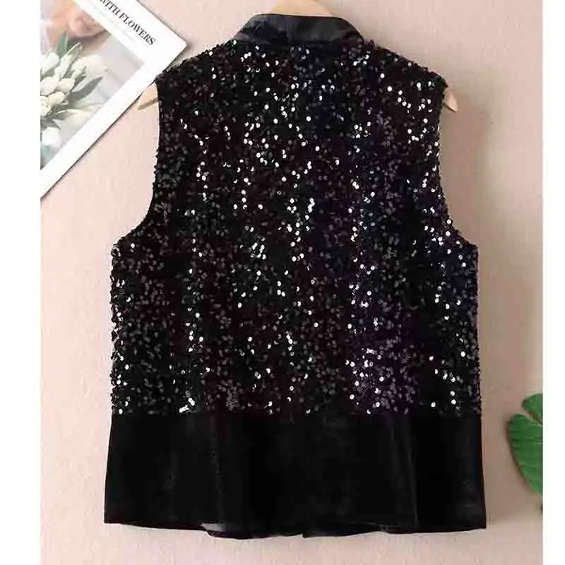Chinese Style Sequined Vest Jacket Velvet Shining Autumn Premium Sleeveless Coat Women 2024 Shoulder Jacket Black XXL Fashion