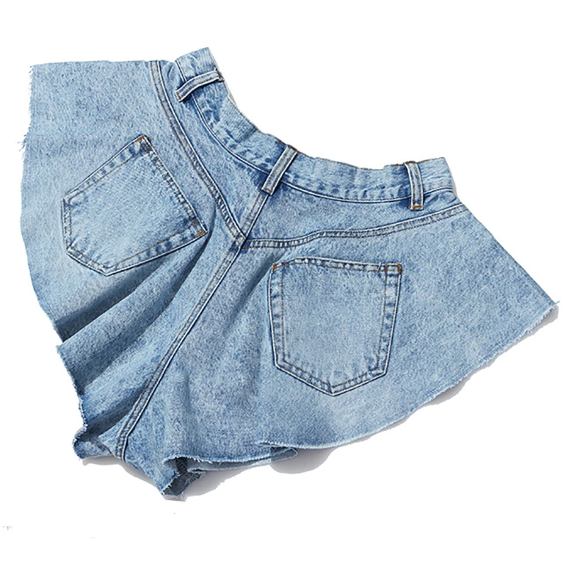 Fashion 2022 Summer And Autumn Sexy Ruffled Hem Big Wide Leg Lace Up Mid-waist Waist Bag Zipper Loose Mini Denim Shorts Women