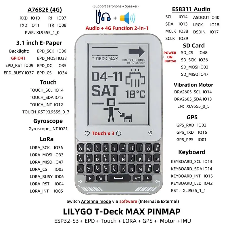 【기념일 세일】433Mhz T-Deck Max 3.1인치 터치 전자종이(안테나 포함) SX1262 Lora 트랜시버 2.4Ghz Wifi 및 블루투스 5(LE) AI