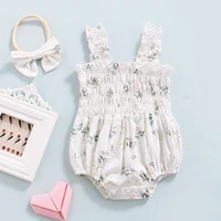 Infant Baby Girl's Sleeveless Jumpsuit Floral Print Elastic Bust Shoulder Straps Romper Bow Headband 2