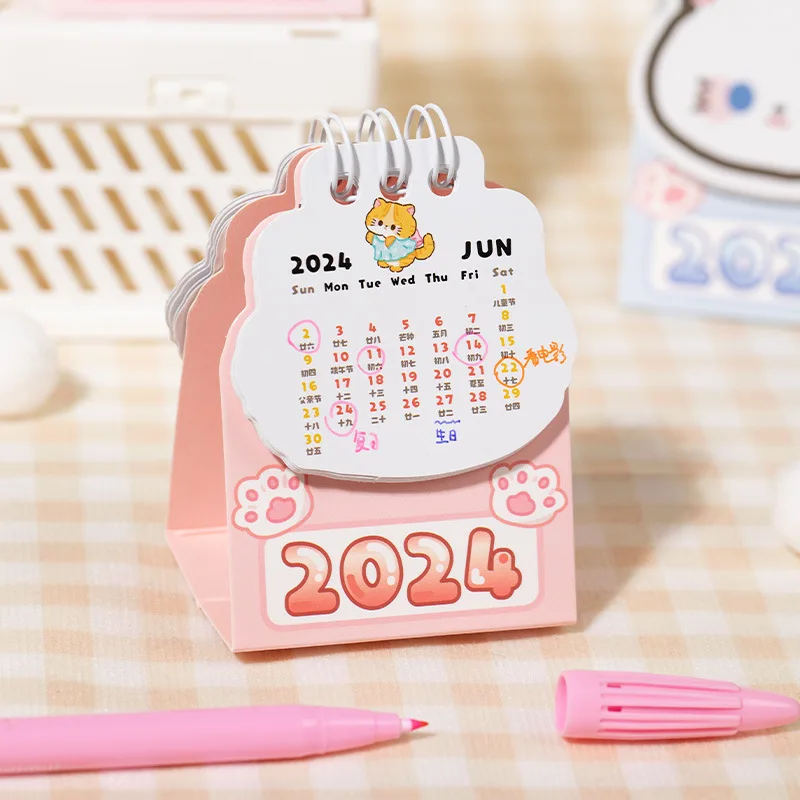 2024 Cartoon Cat Mini Calendar Loose Leaf Ring Calendar Student Date Record Calendar Book Decoration Desktop Ornaments Gifts New