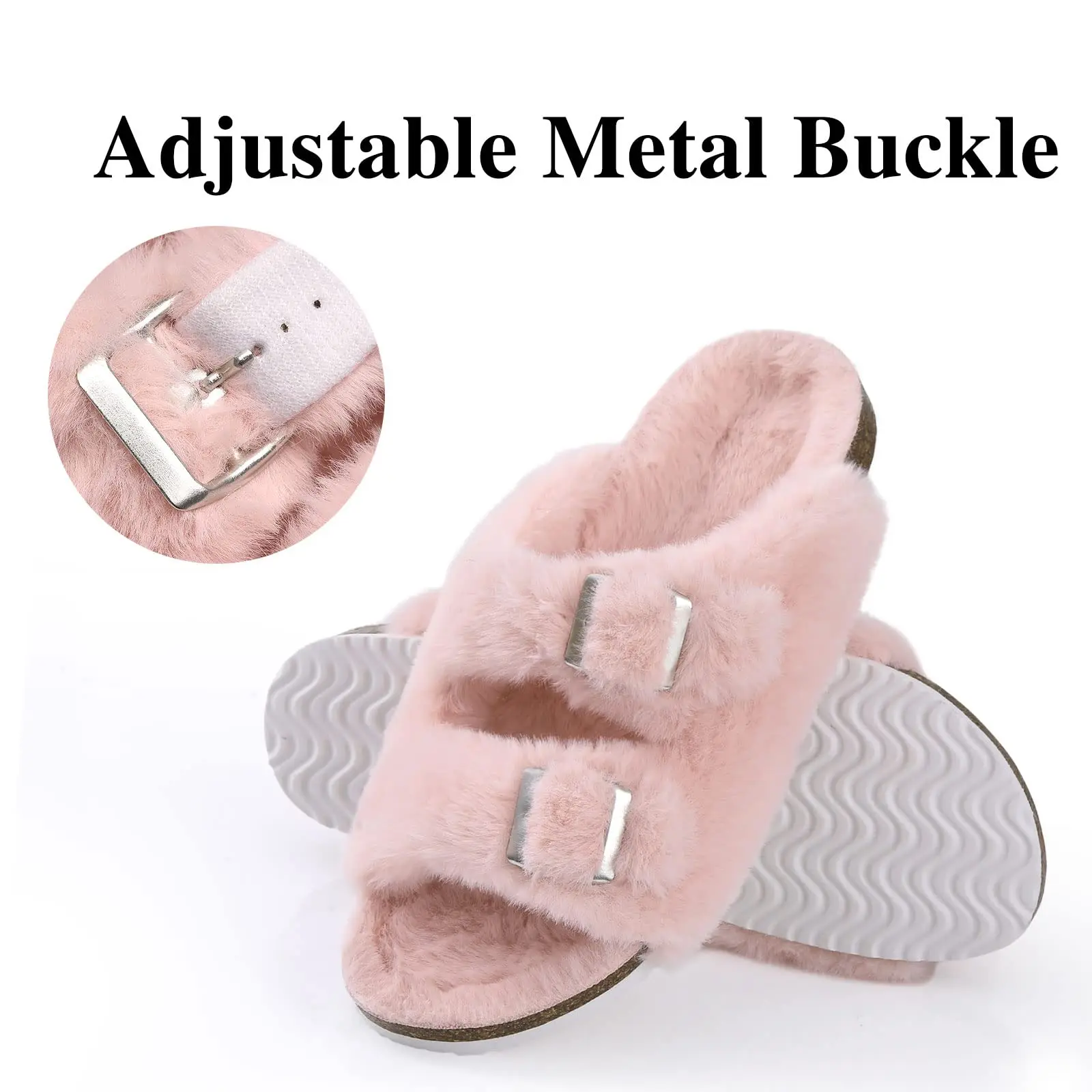 Evshine Pelzige Kork-Hausschuhe für Damen, Winter, weich, flauschig, offene Zehen-Hausschuhe mit verstellbarer Schnalle, modische Plüsch-Hausschuhe für den Innenbereich – Detail 21