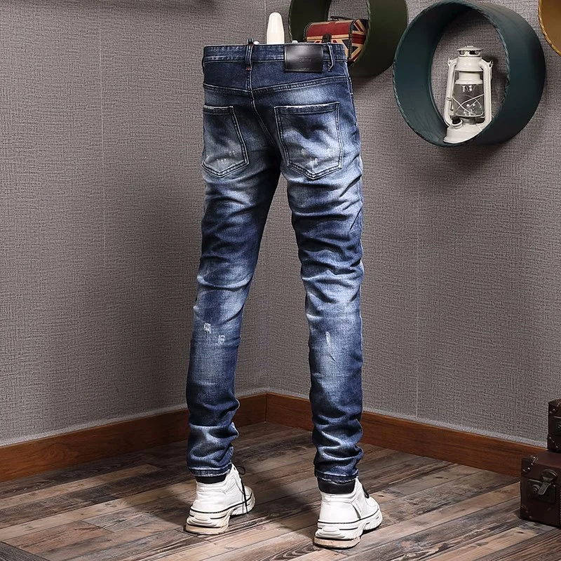 Streetwear Fashion Men Jeans High Quality Retro Black Blue Elastic Slim Fit Ripped Jeans Men Vintage Designer Brand Pants Hombre