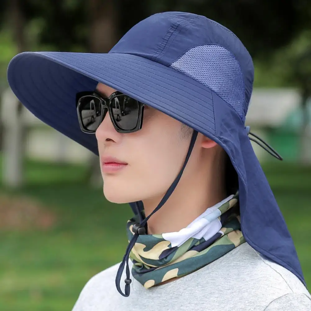 

Summer Enlarged Widened Brim Fisherman Hat Shawl Design Adjustable Rope Outdoor Hiking Hat Unisex Breathable Mesh Patchwork Hat