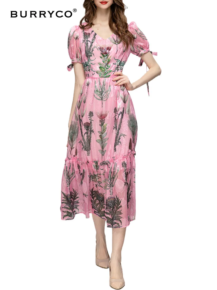 

BURRYCO Summer 2023 Women's New Fairy Style Printed Beaded V-Neck Bubble Bow Sleeves Ruffled Large Swing Dress