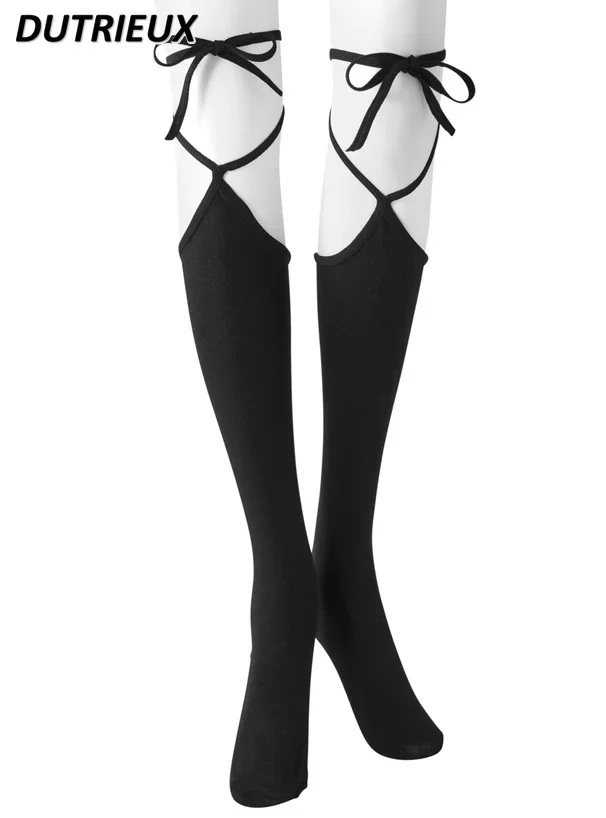 Summer New 2024 Japanese Style Sweet Cute Girl Black Long Socks Cross Lace-up Slimming JK Over The Knee Stockings for Women