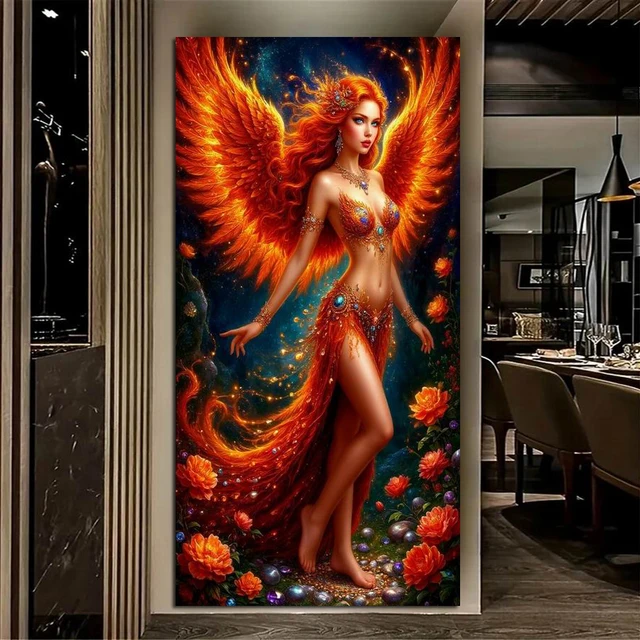 ภาพวาดเพชร DIY รูปนางฟ้าเปลวไฟสุดเซ็กซี่ ขนาดใหญ่ แบบเต็มสี่เหลี่ยม/ทรงกลม ชุดปักเพชรโมเสค สำหรับตกแต่งผนัง 1