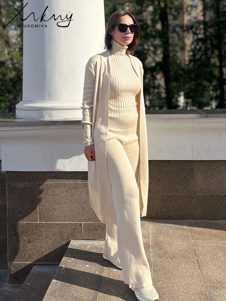 Spring Pieces Set Outfits Women Knitted Suits Pants Sets Khaki