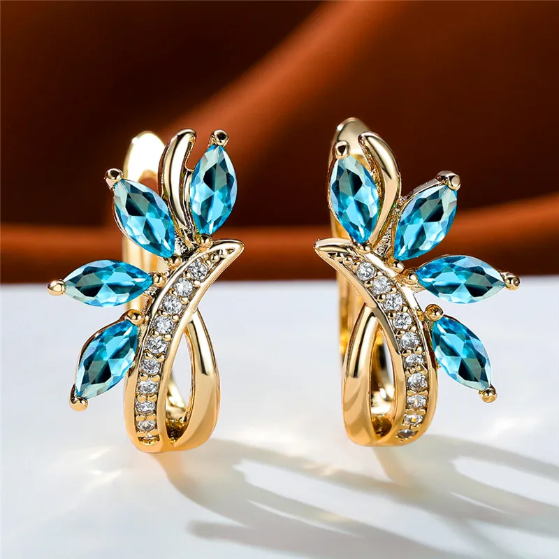 Luxury Female Purple Green Blue Leaf Flower Clip Earrings Vintage Gold Color Wedding Jewelry For Women