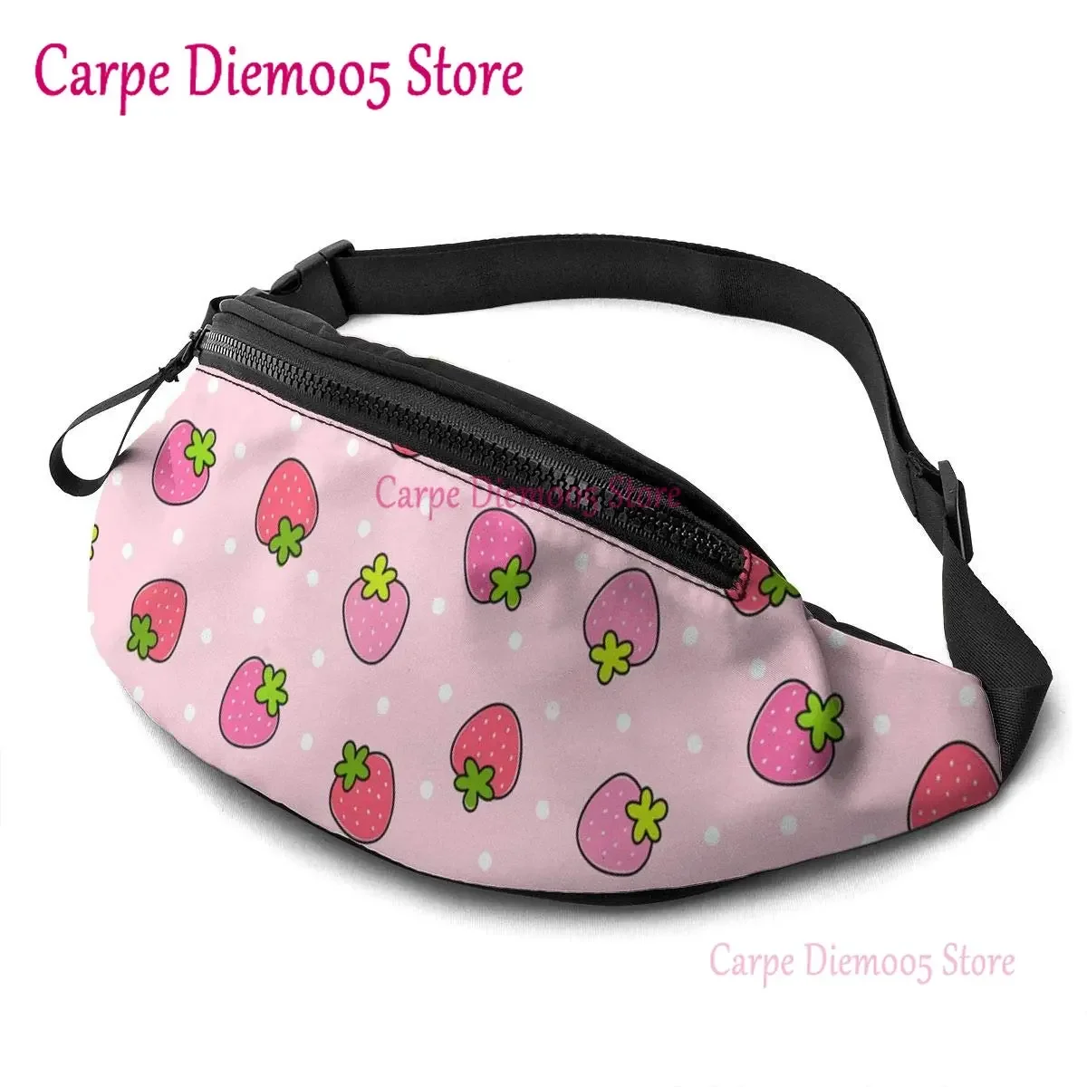 

Pink Strawberry Waist Bag with Headphone Hole Belt Bag Adjustable Sling Pocket Fashion Hip Bum Bag for Women Men Kids