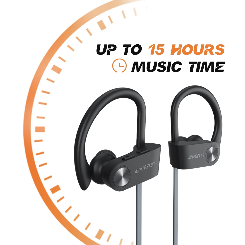 Wavefun XBuds 블루투스 이어폰 무선 헤드폰(이어훅 포함) IPX7 방수 슈퍼 베이스 스포츠 이어폰 음악 게임 모드