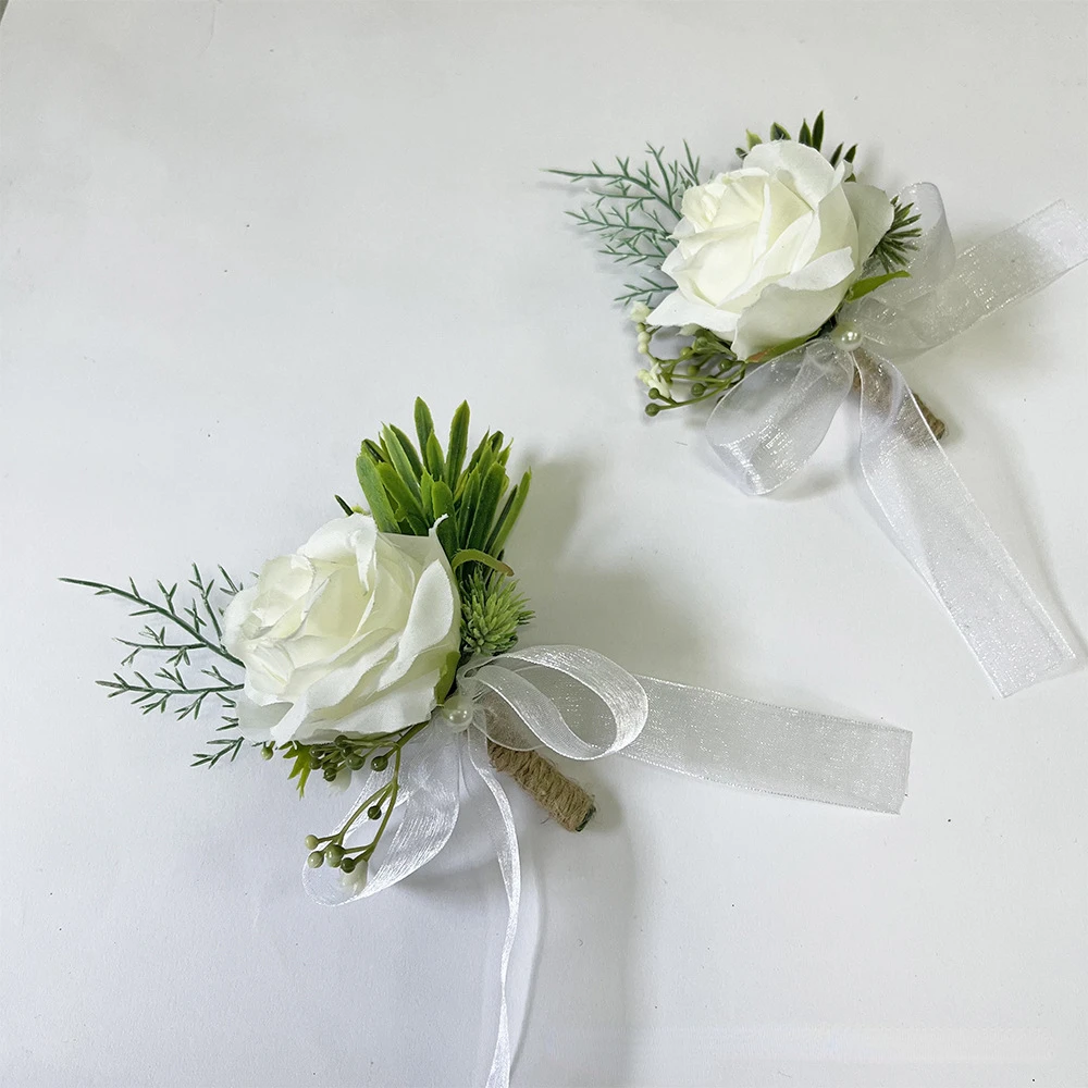 

White Boutonnieres Wrist Corsage Artifical Flowers Bridesmaid Wedding Accessories Ramillete Damas De Honor