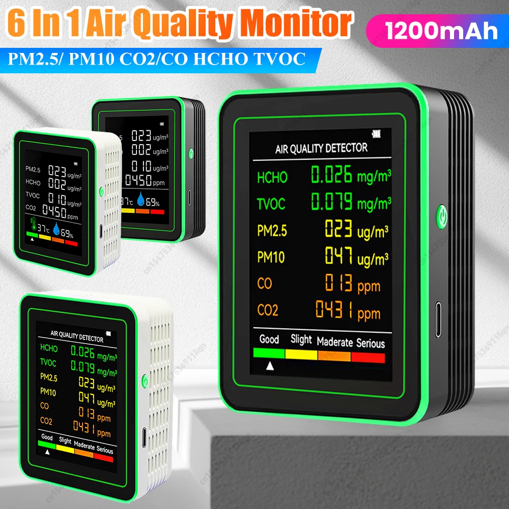 6 In 1 High Precision Air Quality Monitor Automatic Display Multifunctional PM2.5/PM10 HCHO TVOC CO2/CO Meter Gas Detector Tools