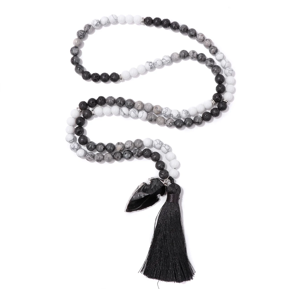 Mode Böhmische Quasten Charm Halskette Naturstein Labradorit Schwarz Lava Weiß Türkis Perlen Lange Pullover Kette Halskette