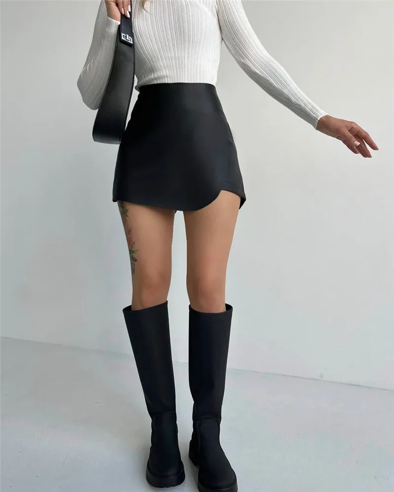 Shestyle Women Shorts High Waist Sexy Elegant PU Faux Leather Skirts Office Lady A-Line Asymmetrical Bottom Clubwear Workwear
