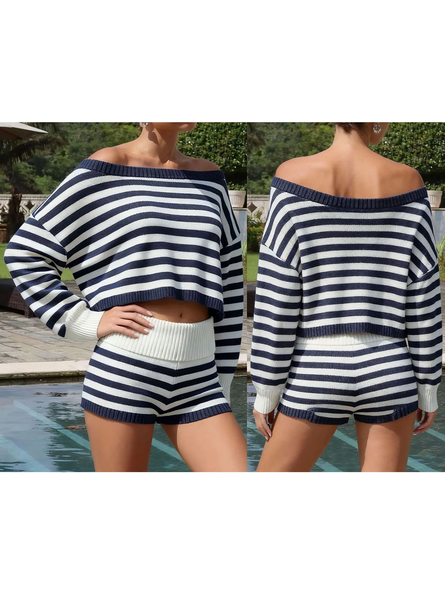 Women s Cozy Knit Lounge Set Off-Shoulder Sweater with Matching Elastic Waist Shorts Striped Fall Outfit Ensemble