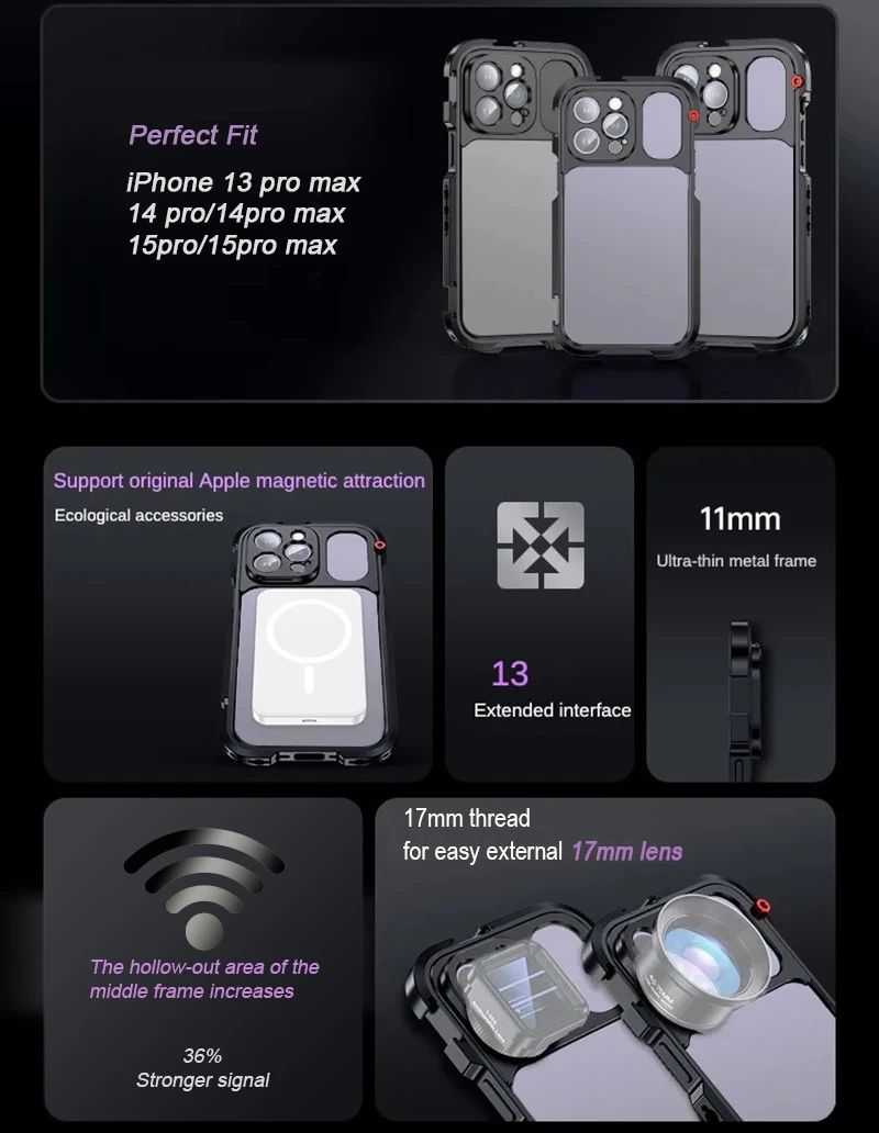 Description Picture 6 of itemMetal Mobile Phone Cage for iPhone 15 Pro 14 13 Pro MAX External 17mm Lens Adapter Vlog Stabilizer Mic Lights Microphone Handle