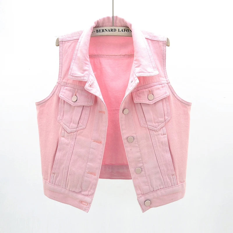 Pink Denim Vest For Women Korean Slim Sleeveless Jacket Casual
