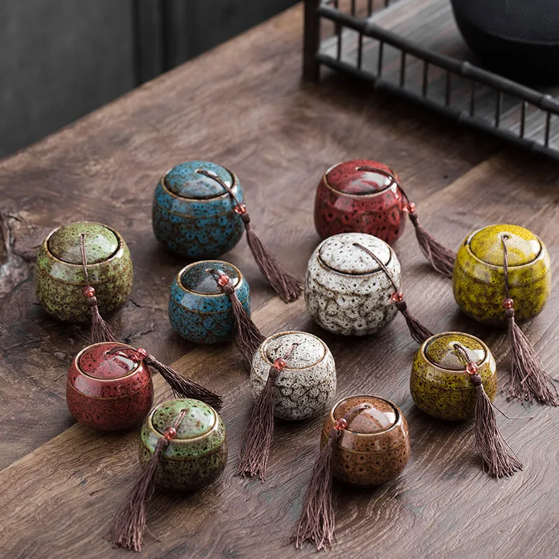 Creative Ceramic Small Tea Pot Kiln Turned Vintage Storage Candy Jar Portable Tea Set Accessories Medicine Powder Food Container