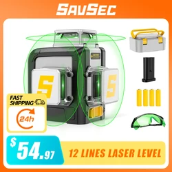 SAVSEC 12 Lines Laser Level 3D Cross-Line Laser Self -leveling Horizontal & Vertical Green Beem with Pulse Mode Laser Tools