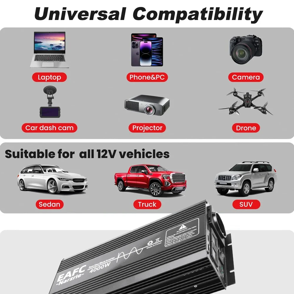 순수 사인파 2000W/3000W/4000W EU 소켓 차량용 파워 인버터 DC 12V에서 AC 220V 50HZ 전압 변환기 스마트 LCD 화면 포함